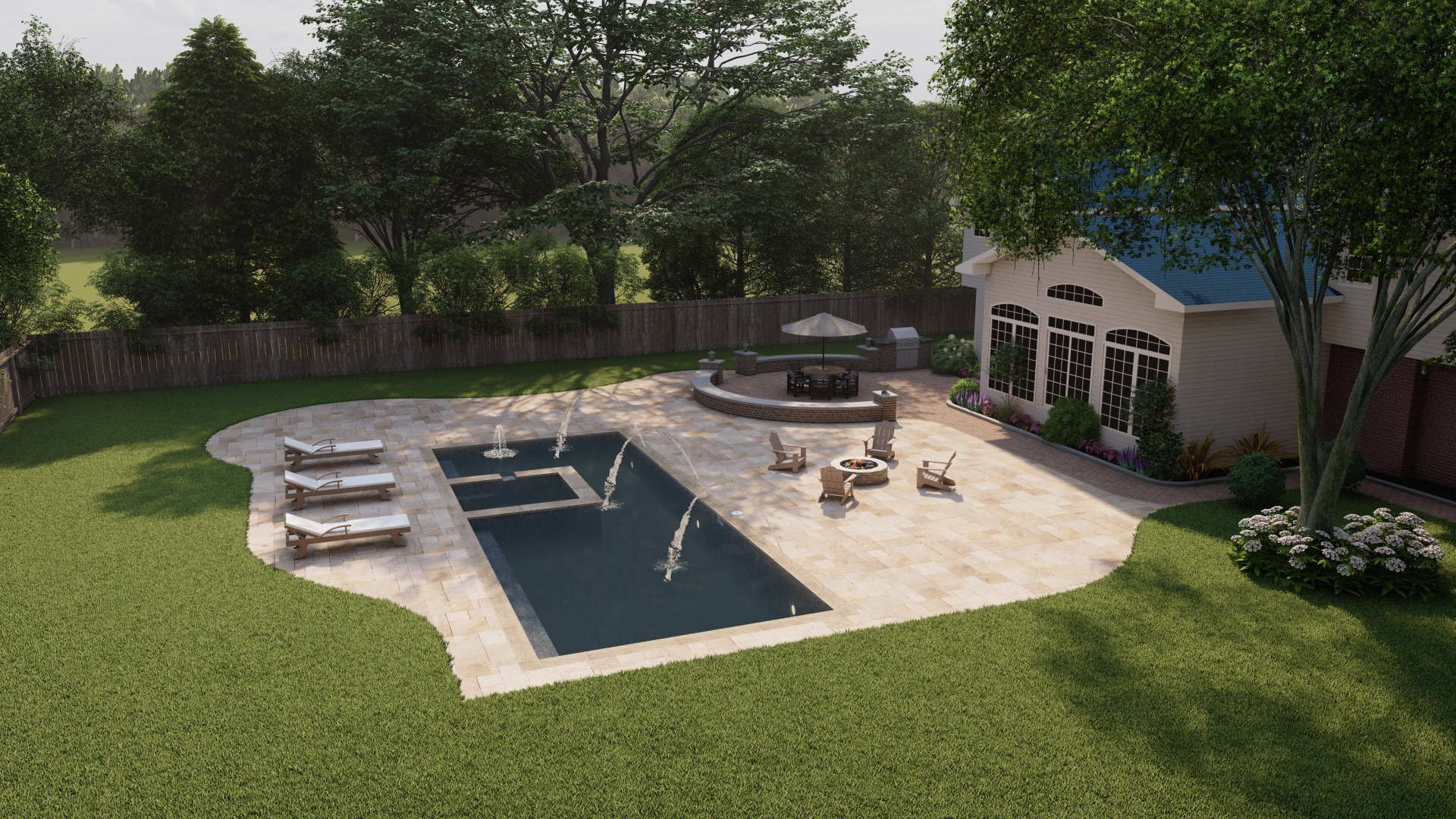 Full backyard overview of hardscape